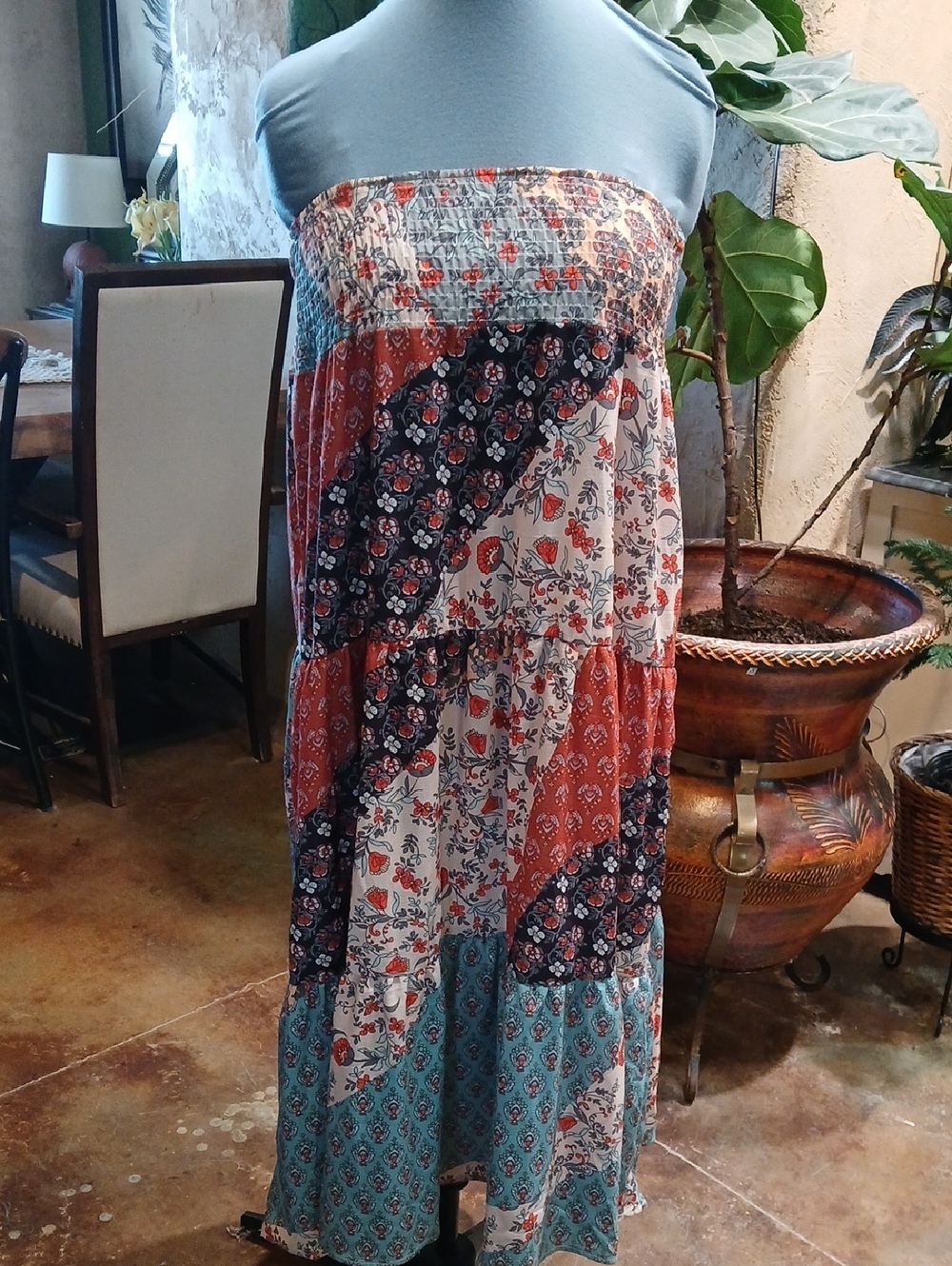 Bohemian Floral Patchwork Maxi Skirt or Dress in Rust, Teal & Navy